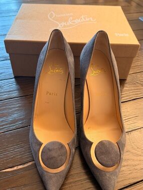 Christian Louboutin Gray Suede Pointed Toe Pumps with Circular Accent